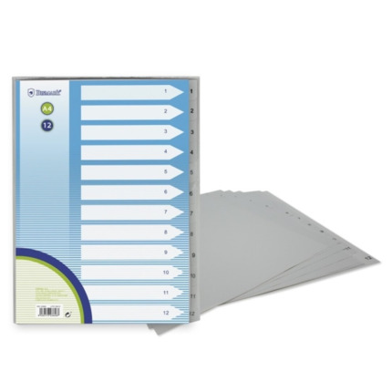 Bismark Indice Numerico con PestaÃ±as del 1 al 12 - Multitaladro - Formato A4 - Fabricados en Polipropileno - Color Gris