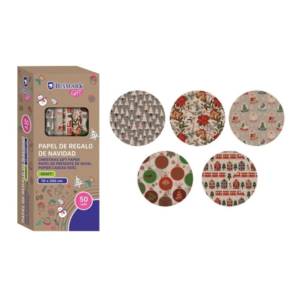 Bismark Kraft Navidad Rollo de Papel Kraft Regalo - Medidas 70cmx200cm - 5 DiseÃ±os Diferentes