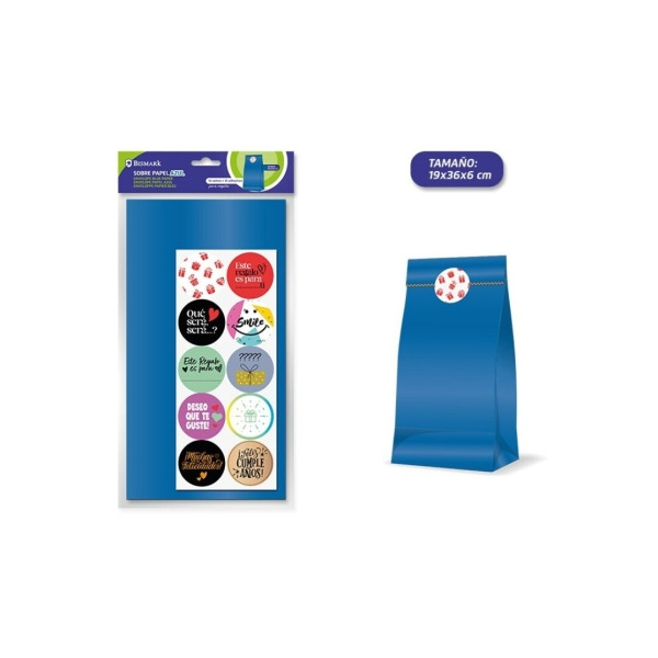 Bismark Pack de 10 Sobres Papel Kraft 50grs con 10 Pegatinas para Cierre - Medidas 19x36x6cm - Ideal para Regalos - Color Azul