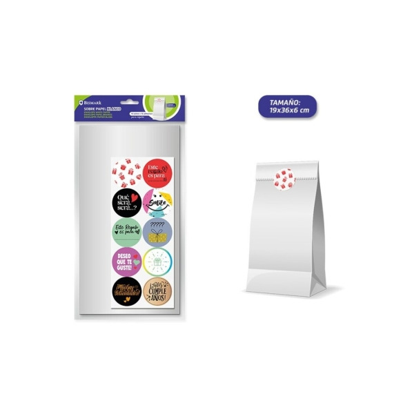 Bismark Pack de 10 Sobres Papel Kraft 50grs con 10 Pegatinas para Cierre - Medidas 19x36x6cm - Ideal para Regalos - Color Blanco