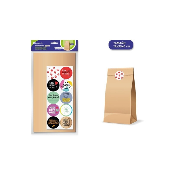 Bismark Pack de 10 Sobres Papel Kraft 50grs con 10 Pegatinas para Cierre - Medidas 19x36x6cm - Ideal para Regalos - Color Marron