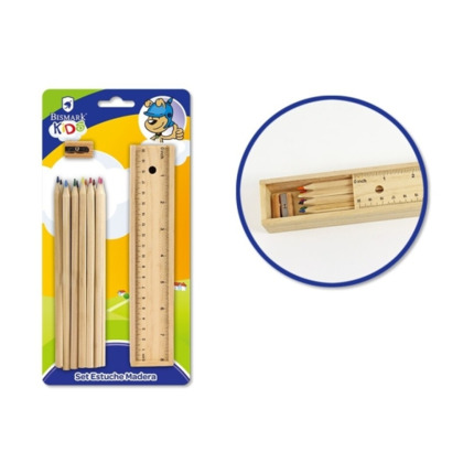 Bismark Pack Escolar con Estuche de Madera con Tapa Regla, 12 Lapices de Colores y Sacapuntas