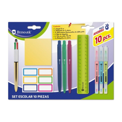 Bismark Pack Escolar con Regla Flexible 15cm, Boligrafo 4 Colores, 3 Marcadores Fluorescentes Doble Punta, Taco Notas Adhesivas 76x76, Hoja de Etiquetas Adhesivas y 3 Boligrafos Tacto Soft