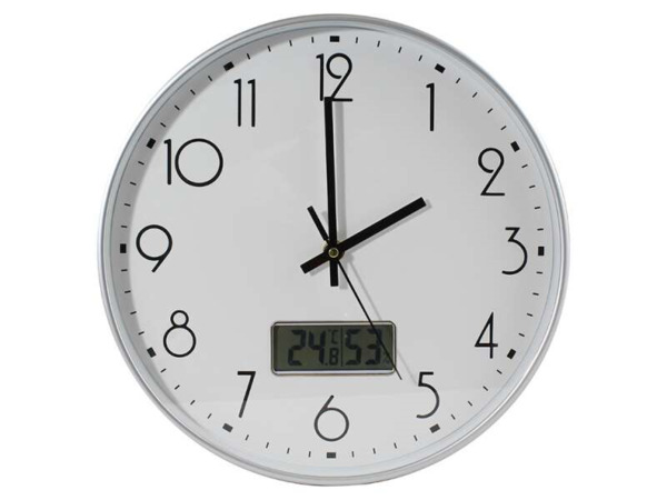 Bismark Reloj Oficina con Marcador Digital de Temperatura y Humedad - Numeros Negros - Cristal Exterior - Manecillas de Aluminio