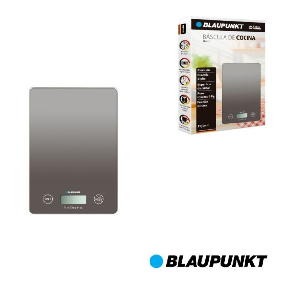 Blaupunkt BP4012 Bascula de Cocina Digital 5kg con Plataforma de Cristal - Pantalla LCD Retroiluminada - Funcion Tara - Alta Pre