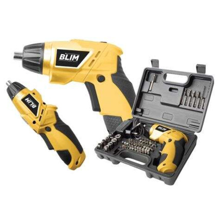 Blim Atornillador Doble Posicion Bateria 4V - Velocidad 210 Rpm - Conector Hexagonal de 1/4 (6.35 mm) - Cambio de Sentido de Giro - Capacidad de Bateria 1300 Mah - Incluye 44 Accesorios Puntas y Vasos - Cargador de Bateria - Color Negro