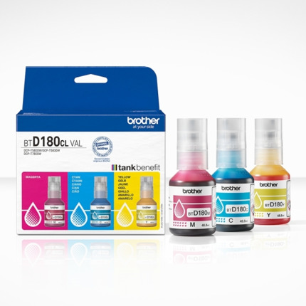 Brother BTD180CLVAL Pack de 3 Botellas de Tinta Original Cyan, Magenta y Amarillo - BTD180CLVAL
