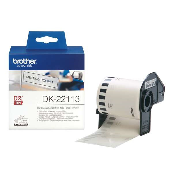 Brother DK22113 - Etiquetas Originales de Tamaño personalizado - Ancho 62mm x 15,24 metros - Texto negro sobre fondo transparen