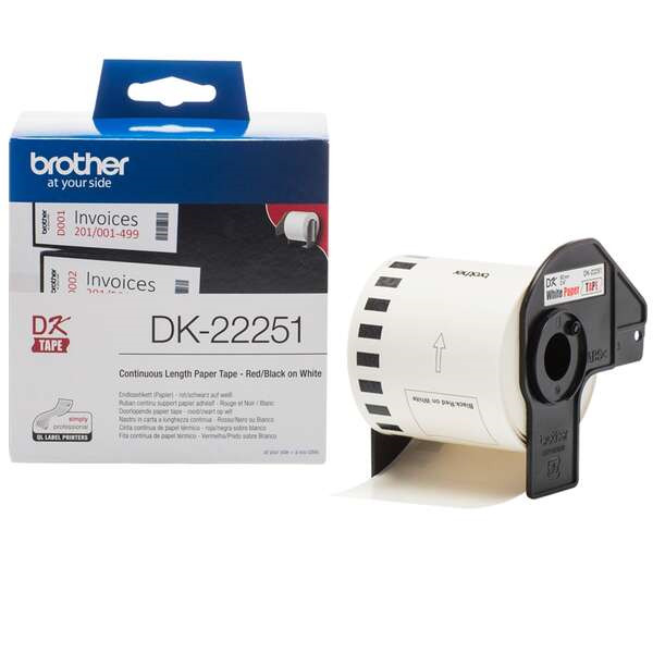 Brother DK22251 - Etiquetas Originales de Tamaño personalizado - Ancho 62mm x 15,24 metros - Texto rojo y negro sobre fondo bla