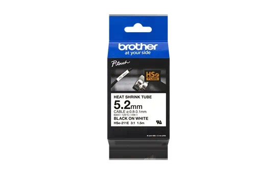 Brother HSE211E Cinta Tubo Termorretractil Original de Etiquetas para Cables - Texto negro sobre fondo blanco - Ancho 5.2mm x 1.