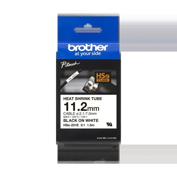 Brother HSe231E Cinta Tubo Termorretractil Original de Etiquetas para Cables - Texto negro sobre fondo blanco - Ancho 11.2mm x 1
