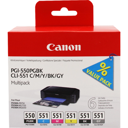 Canon multipack KCMY / Gris PGI-550 + CLI-551 6496B005 6 cartuchos de tinta original