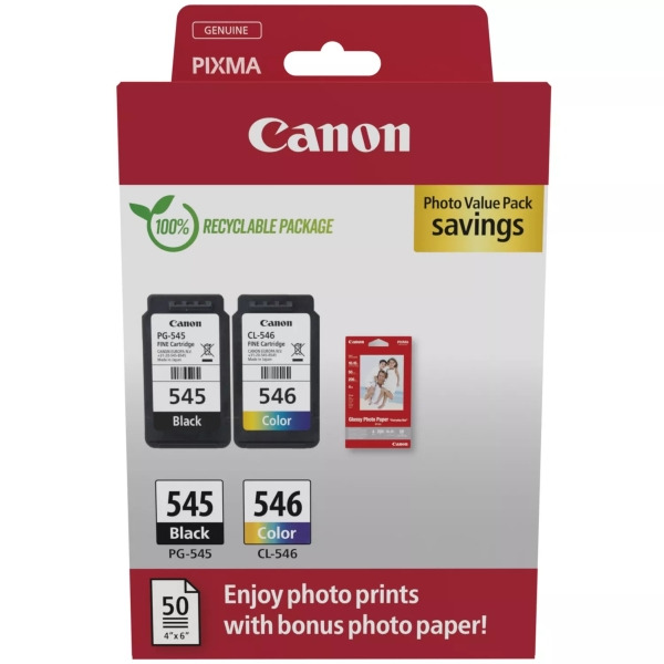 Canon PG545 Negro + CL546 Color Pack de Cartuchos de Tinta Originales + 50 Hojas de Papel Fotografico - 8287B008/8287B006/8287B0