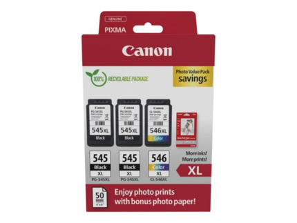Canon PG-545XL/CL-546XL Multipack de 3 Cartuchos de Tinta Originales + 50 Hojas de Papel Fotografico - 8286B015