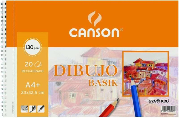 Canson Basik Cuaderno de Dibujo A4+ con Recuadro - 20 Hojas Microperforadas 130g/mÂ² - Color Blanco