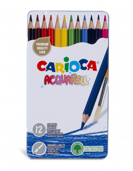 Carioca Acquarell Pack de 12 Lapices Acuarelables - Caja de Metal - Efecto Acuarela con Agua y Pincel - Colores Intensos y Brill