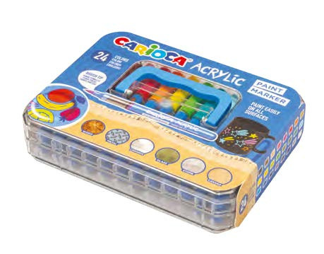 Carioca Acrylic Maleta de Plastico con 24 Marcadores de Pintura Acrilica - Punta Pincel - Tinta a Base de Agua - Alta Cobertura