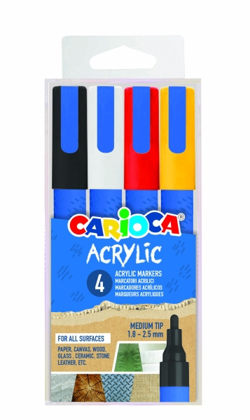 Carioca Acrylic Pack de 4 Marcadores de Pintura Acrilica - Punta Redonda Media 1.8-2.5mm - Tinta a Base de Agua - Alta Cobertura