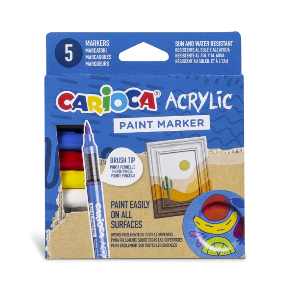 Carioca Acrylic Pack de 5 Marcadores de Pintura Acrilica - Punta Pincel - Tinta a Base de Agua - Alta Cobertura - Colores Surtid