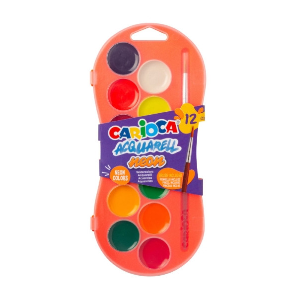 Carioca Acuarell Neon Pack de 12 Acuarelas en Pastillas de Ã 30mm - Brillantes - Facilmente Mezclables - Colores Neon Surtidos