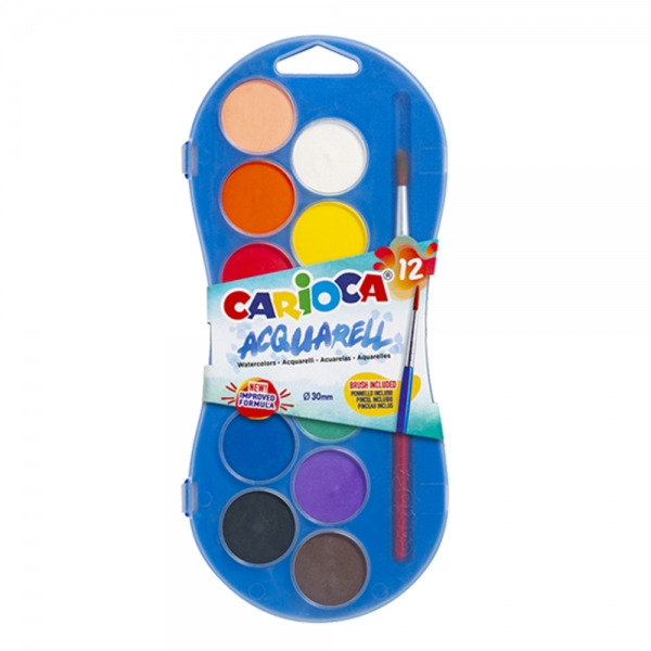 Carioca Acuarell Pack de 12 Acuarelas en Pastillas de ÃË 30mm - Brillantes - Facilmente Mezclables - Colores Surtidos