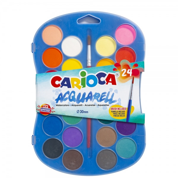 Carioca Acuarell Pack de 24 Acuarelas en Pastillas de à 30mm - Brillantes - Facilmente Mezclables - Colores Surtidos
