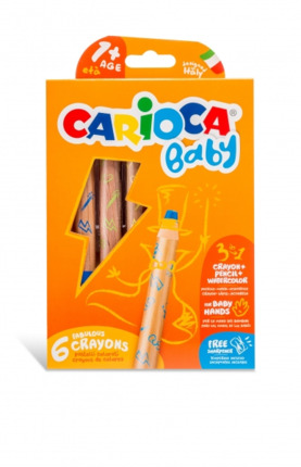 Carioca Baby 1+ 3In1 Pack de 6 Lapices - Lapiz Cera y Acuarela en Uno - Cuerpo Extragrande - Acuarelables - Sacapuntas Incluido - Colores Brillantes y Lavables - Color Varios