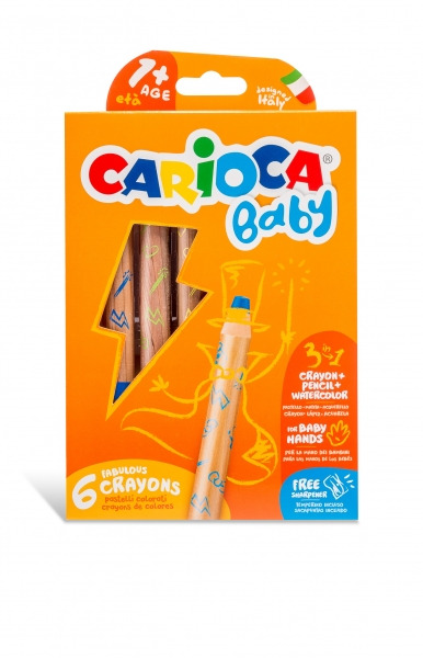 Carioca Baby 1+ 3In1 Pack de 6 Lapices - Lapiz Cera y Acuarela en Uno - Cuerpo Extragrande - Acuarelables - Sacapuntas Incluido