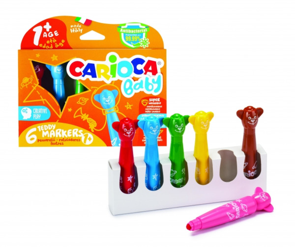 Carioca Baby Teddy Pack de 6 Rotuladores - Super Seguros - Forma Ergonomica - Tinta Superlavable - Dermatologicamente Testado -