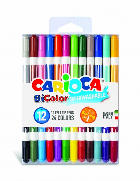 Carioca Bicolor Pack de 12 Rotuladores - Dos Colores por Rotulador - Tinta Superlavable - Punta Conica para Doble Trato de Escri