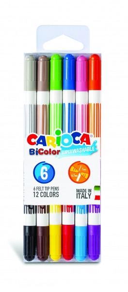 Carioca Bicolor Pack de 6 Rotuladores - Dos Colores por Rotulador - Tinta Superlavable - Punta Conica para Doble Trato de Escrit