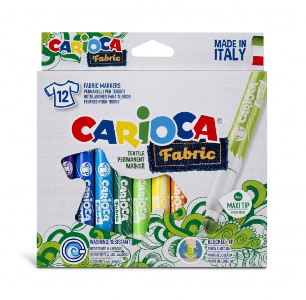 Carioca Fabric Pack de 12 Rotuladores para Tejidos - Punta Maxi à 6mm - Tinta Especial para Tejidos - Colores Indelebles - Plan