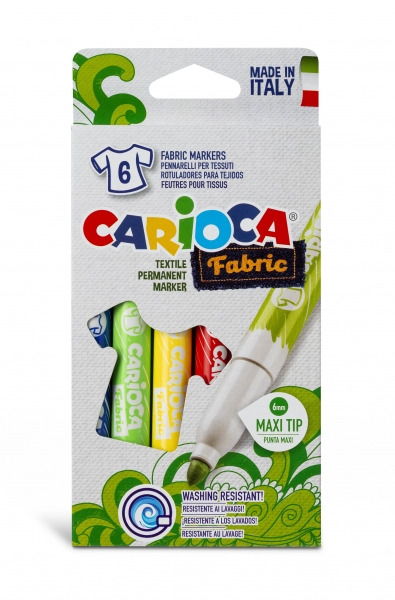 Carioca Fabric Pack de 6 Rotuladores para Tejidos - Punta Maxi à 6mm - Tinta Especial para Tejidos - Colores Indelebles Tras Ap