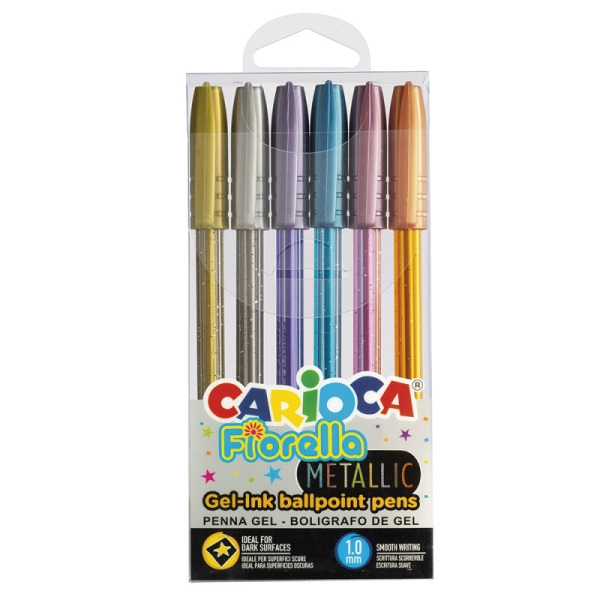 Carioca Fiorella Metallic Pack de 6 Boligrafos de Colores Tinta Gel - Punta de Bola 1mm - Cuerpo Transparente - Colores Metalico
