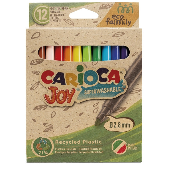 Carioca Joy Eco Family Pack de 12 Rotuladores Punta Fina 2.8mm Bloqueada - Tinta Superlavable - Capuchon Ventilado - Colores Sur