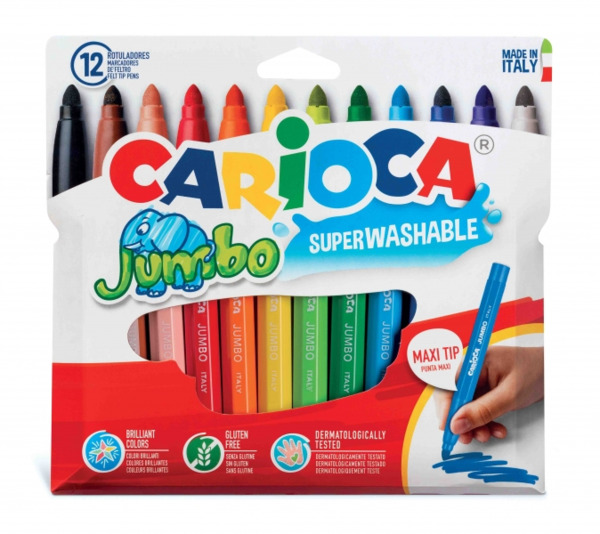 Carioca Jumbo Pack de 12 Rotuladores - Cuerpo Octogonal Maxi - Tinta Superlavable - Punta Maxi 6mm Bloqueada - Tapa Ventilada -