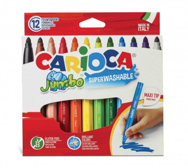 Carioca Jumbo Pack de 12 Rotuladores - Cuerpo Octogonal Maxi - Tinta Superlavable - Punta Maxi 6mm Bloqueada - Tapa Ventilada -