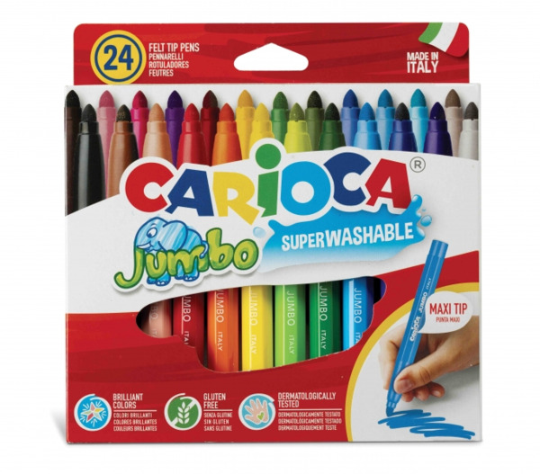 Carioca Jumbo Pack de 24 Rotuladores - Cuerpo Octogonal Maxi - Tinta Superlavable - Punta Maxi 6mm Bloqueada - Tapa Ventilada -