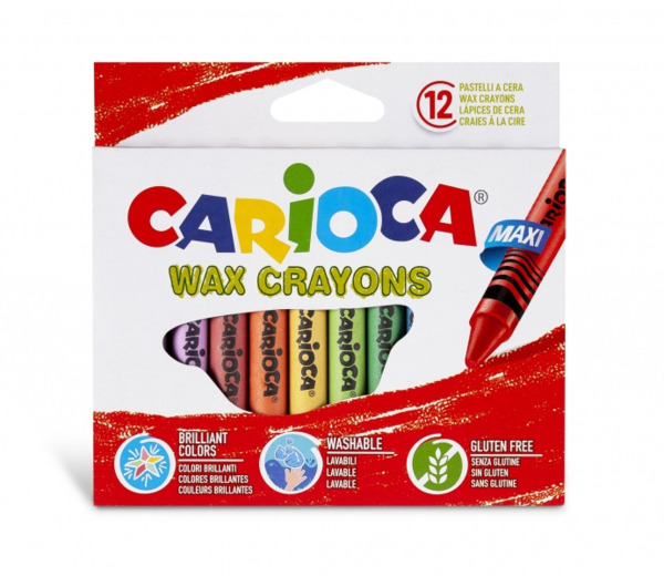 Carioca Maxi Pack de 12 Ceras - Colores Brillantes - Lavables - Cuerpo de ÃË 12mm - Color Varios