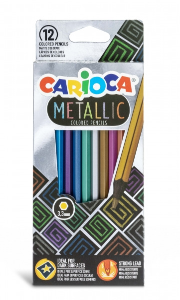 Carioca Metallic Pack de 12 Lapices Hexagonales Metalicos - Colores Cubrientes - Ideales para Superficies Oscuras - Mina Premium