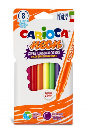 Carioca Neon Pack de 8 Rotuladores - Tinta Fluorescente - Perfecto para Colorear y Subrayar - Lavable de la Piel y Tejidos - Punta Conica para Doble Trazo - Color Varios