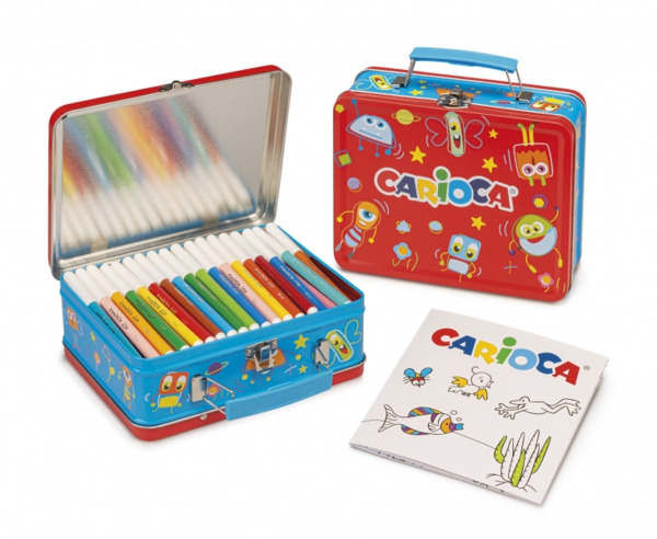 Carioca Pack de 100 Rotuladores Punta Fina y Tinta Superlavable - Caja de Metal - 1 Album para Colorear - Dedicado a Pequeños A