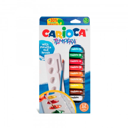 Carioca Pack de 12 Tubitos de Tempera 10ml + Pincel y Paleta - Alto Poder Cubriente - Aplicable en Materiales Porosos - Colores Surtidos