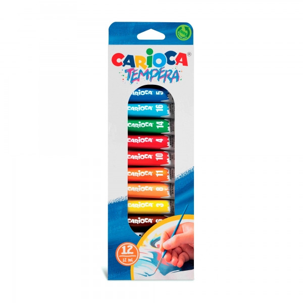Carioca Pack de 12 Tubitos de Tempera 12ml - Colores Superlavables - Alto Poder Cubriente - Aplicable en Materiales Porosos - Co