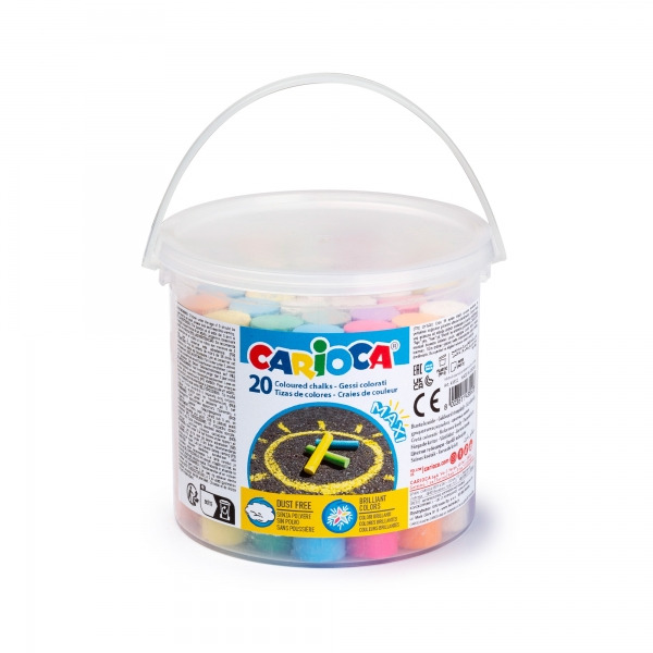 Carioca Pack de 20 Tizas Maxi Bote con Asa - sin Polvo - Colores Brillantes - Lavables - Faciles de Borrar - Color Varios