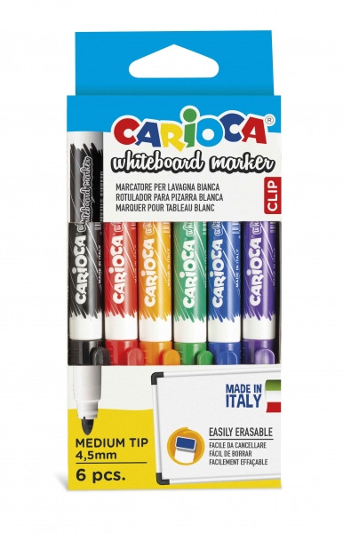 Carioca Pack de 6 Rotuladores para Pizarra Blanca - Punta de à 4.5mm - Tapa con Clip - Se Borra Facilmente y Se Seca Rapidament
