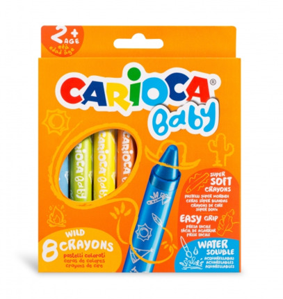 Carioca Pack de 8 Ceras Baby 2+ - Super Suaves - Gran Dimension para Facil Agarre - Escritura Suave - Colores Brillantes y Lavables - Acuarelables con Agua y Pincel - Color Varios