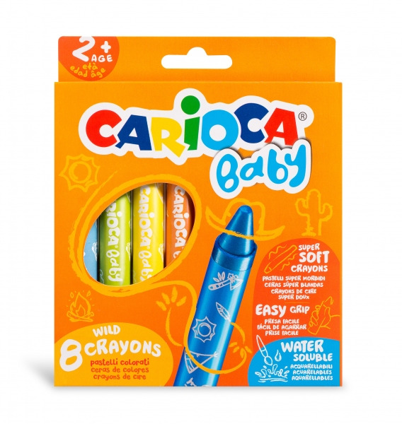 Carioca Pack de 8 Ceras Baby 2+ - Super Suaves - Gran Dimension para Facil Agarre - Escritura Suave - Colores Brillantes y Lavab