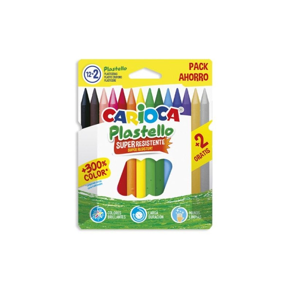 Carioca Plastello Pack de 12+2 Plasticeras - Extra Limpias - No Dejan Color en las Manos - Faciles de Afilar - Colores Surtidos