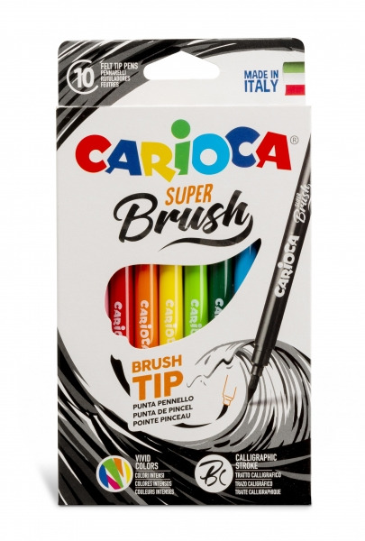 Carioca Super Brush Pack de 10 Rotuladores - Punta Pincel Suave y Flexible - Tinta Lavable - Colores Super Brillantes - Perfecto